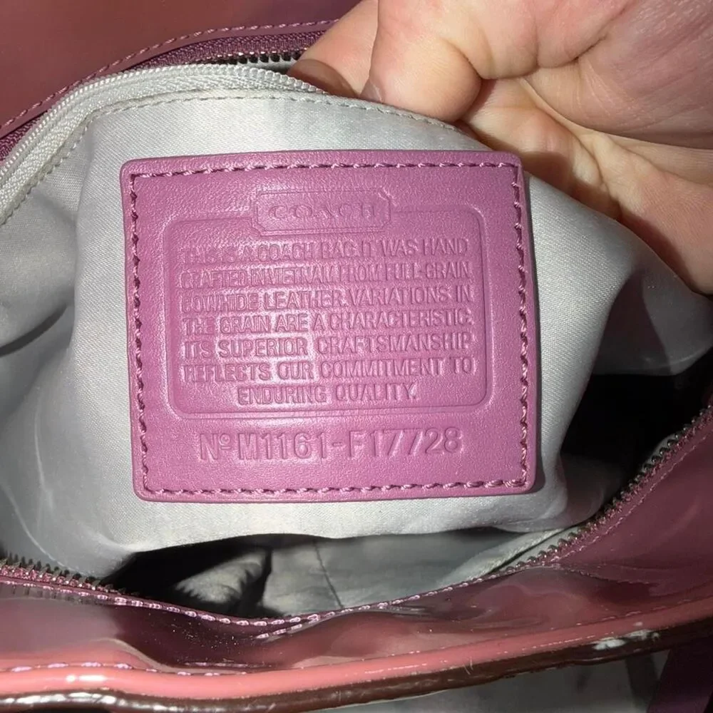 coach gallery embossed signature patent leather tote mauve pink colorway